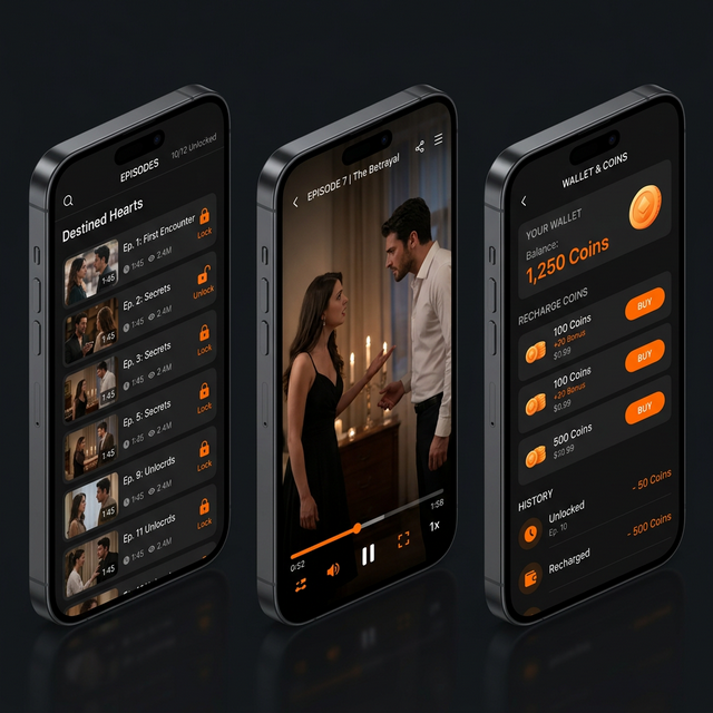 Short Drama App Screens — Episodes, Player, Wallet